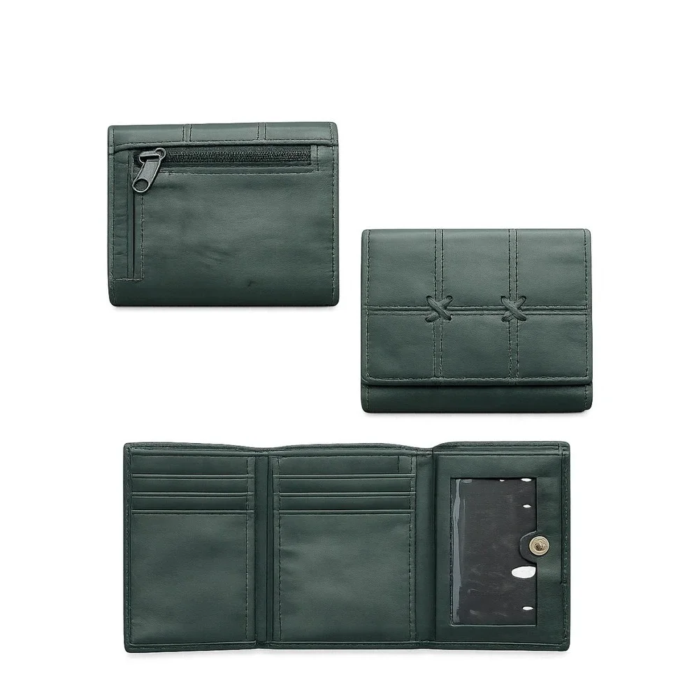 Genuine Leather Dark Green Tri-Fold Wallet Multi Card Organizer Zip Coin Pocket